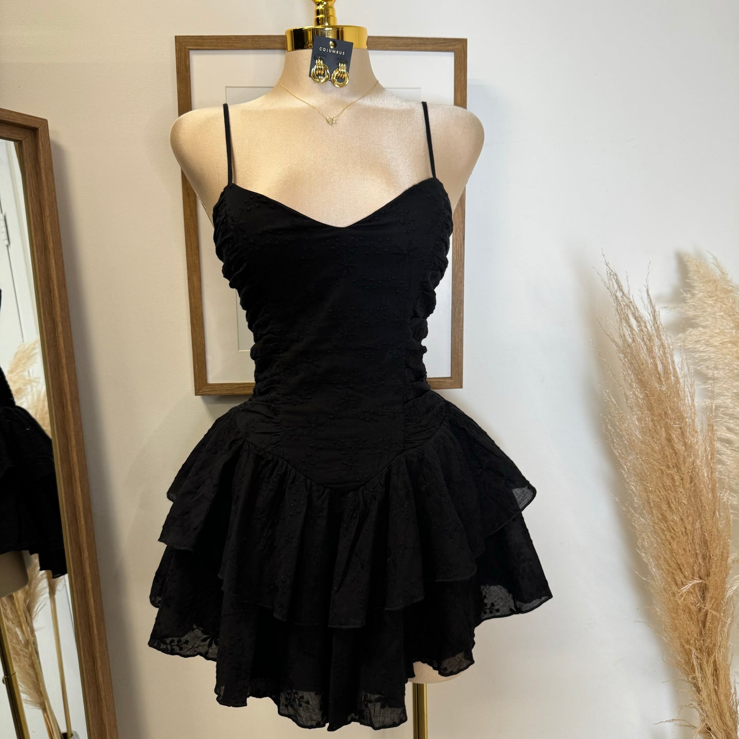 Ruched Smocked Double Layer Mini Dress-Black