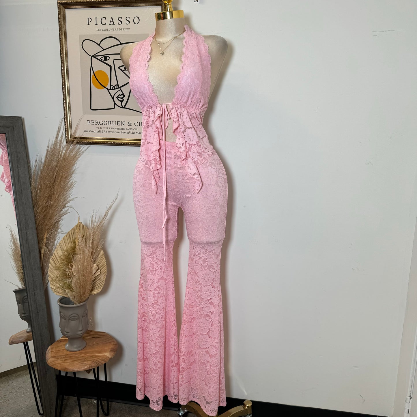 Sexy Lace Pant Set-Pink