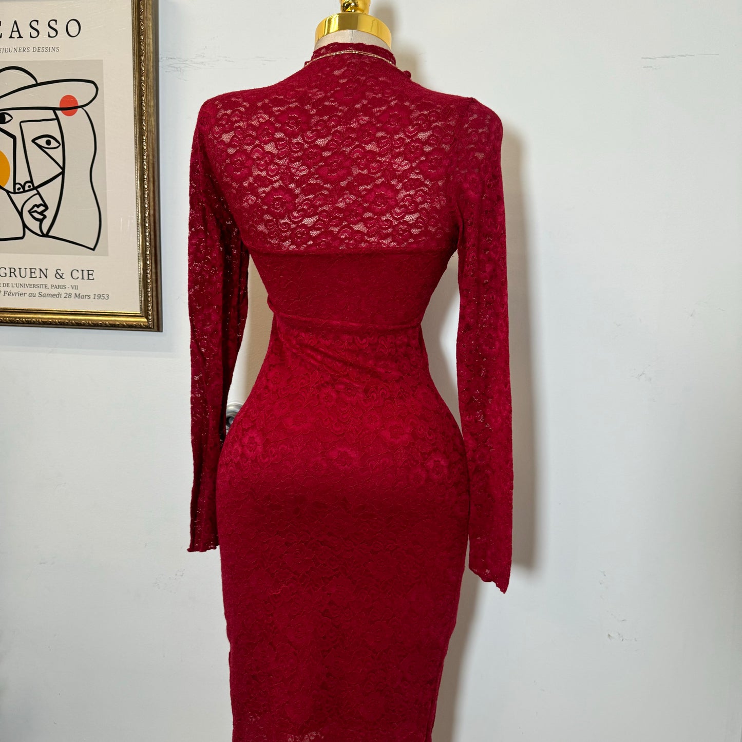 Rosie Lace Midi Open Slit  Dress-Red