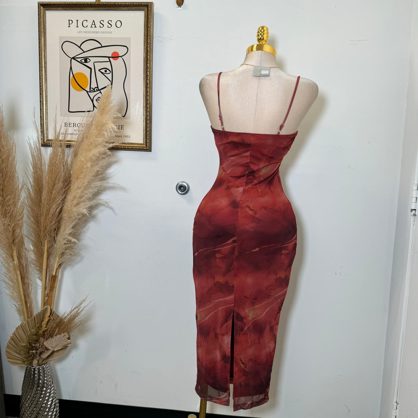 Mesh Spaghetti Dress-Multi Red