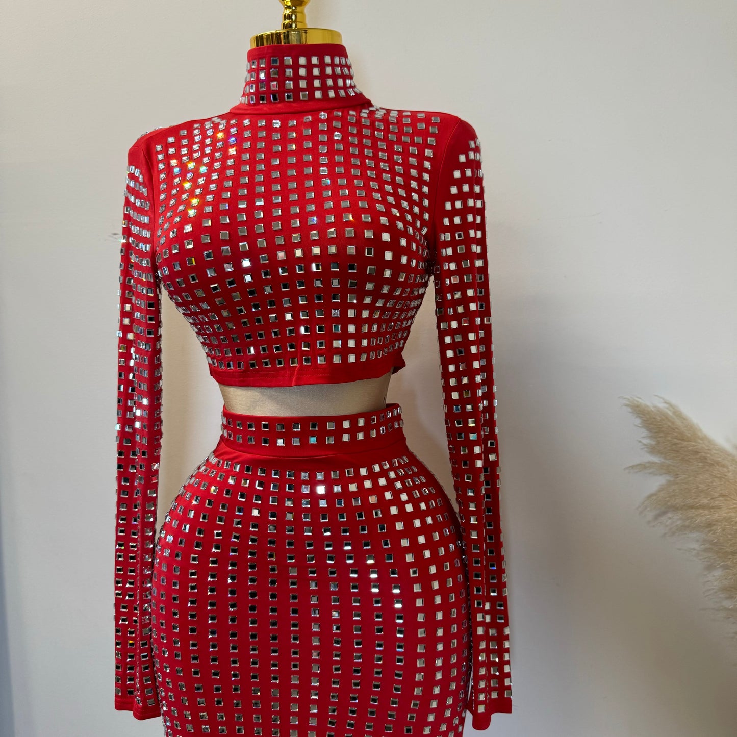 Rhinestone Long Sleeve Skirt Set-Red