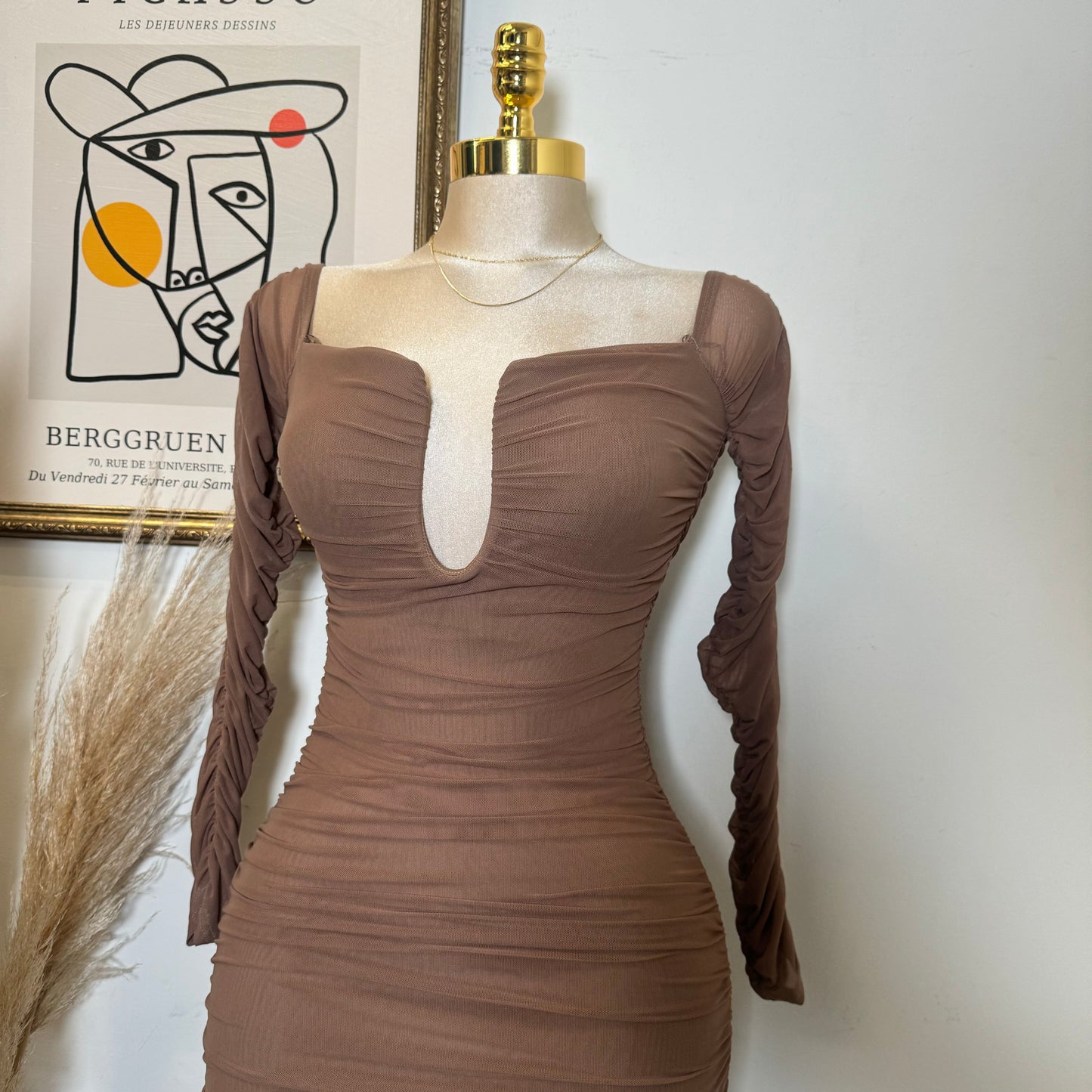 Mesh Off Shoulder Long Sleeve Dress-Brown