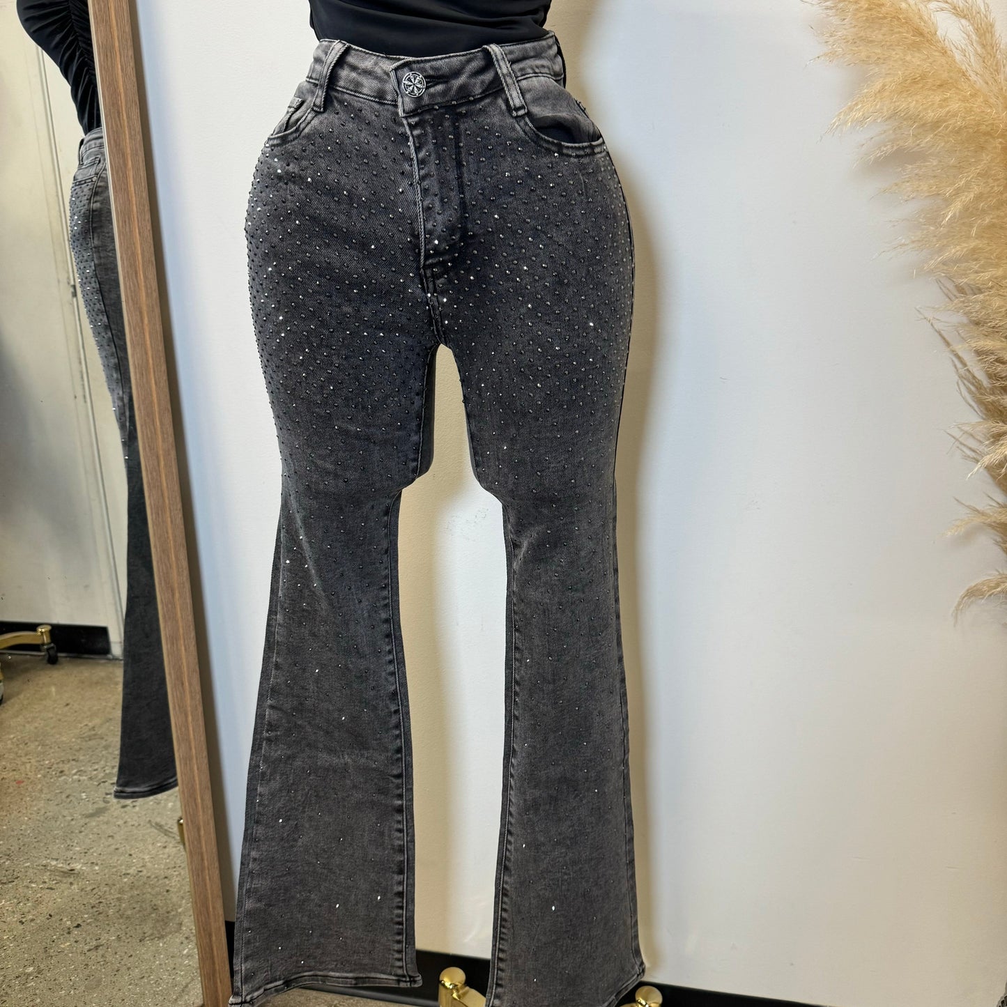 Rhinestone Flare Jeans- Grey