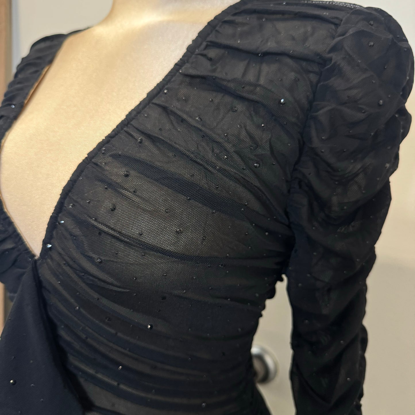 Mesh Rhinestone Dress-Black