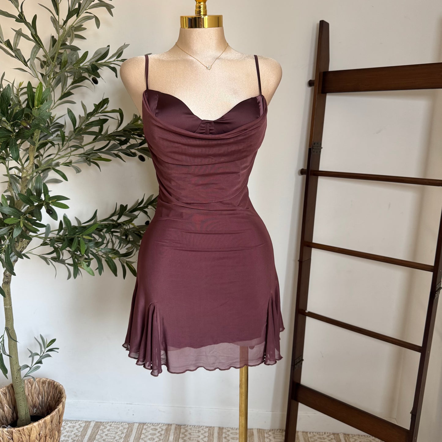 Mesh Mini Dress-Brown