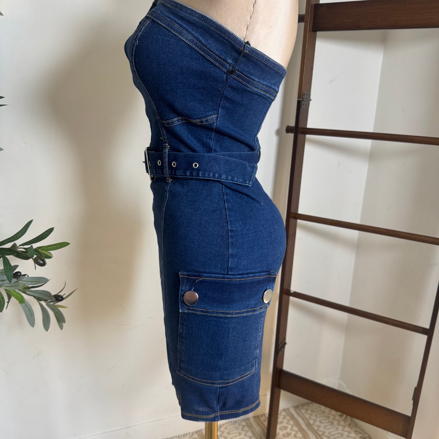 Cargo Strapless Denim Dress-Denim