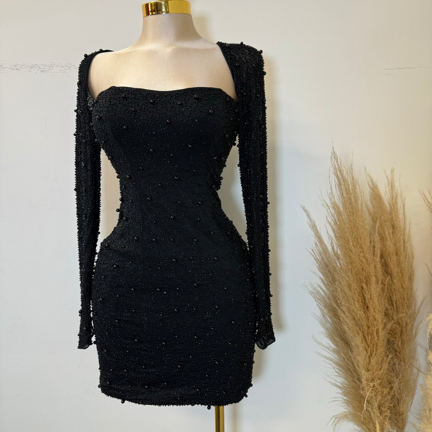 Square Neck Embesllised Dress-Black1