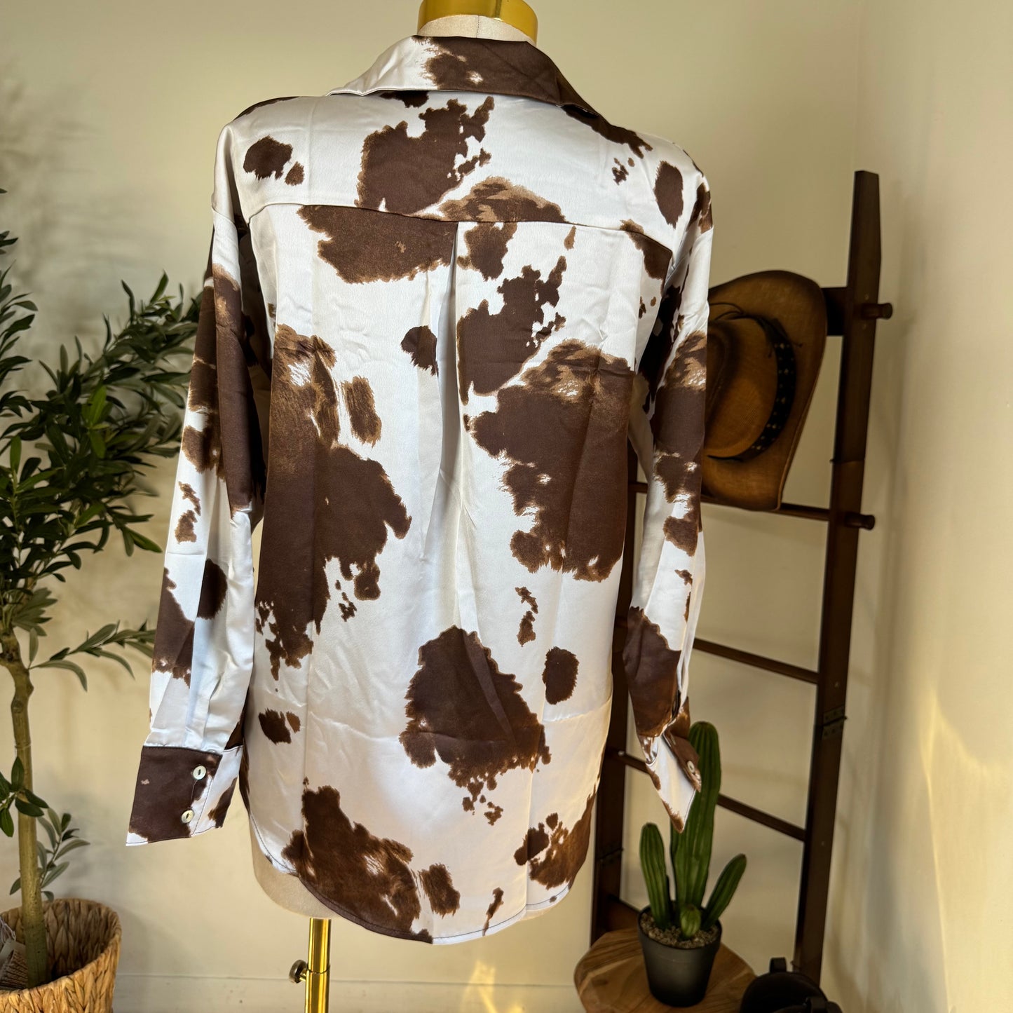 Cow Print Satin Button Down Long sleeve Shirt-Brown
