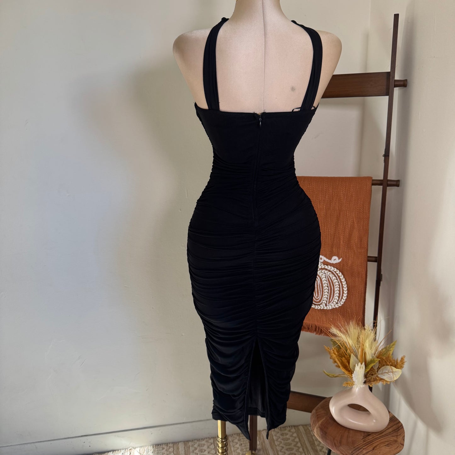 Halter Neck Trim Inset Ruched Bodycon Midi Dress-Black