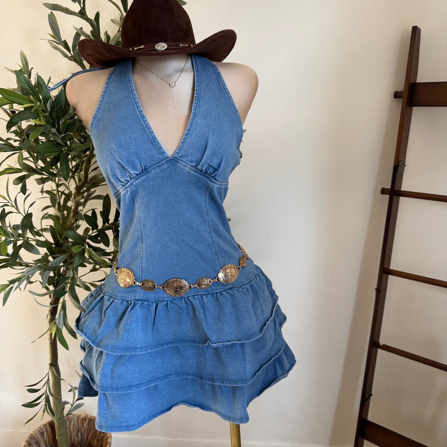 Halter Ruffle Denim Dress-Blue