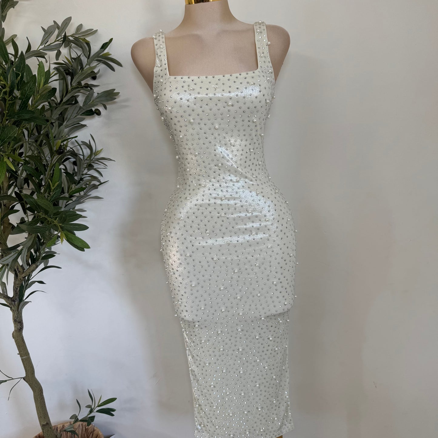 Rhinestone and Pearl beaded Midi Dress-White