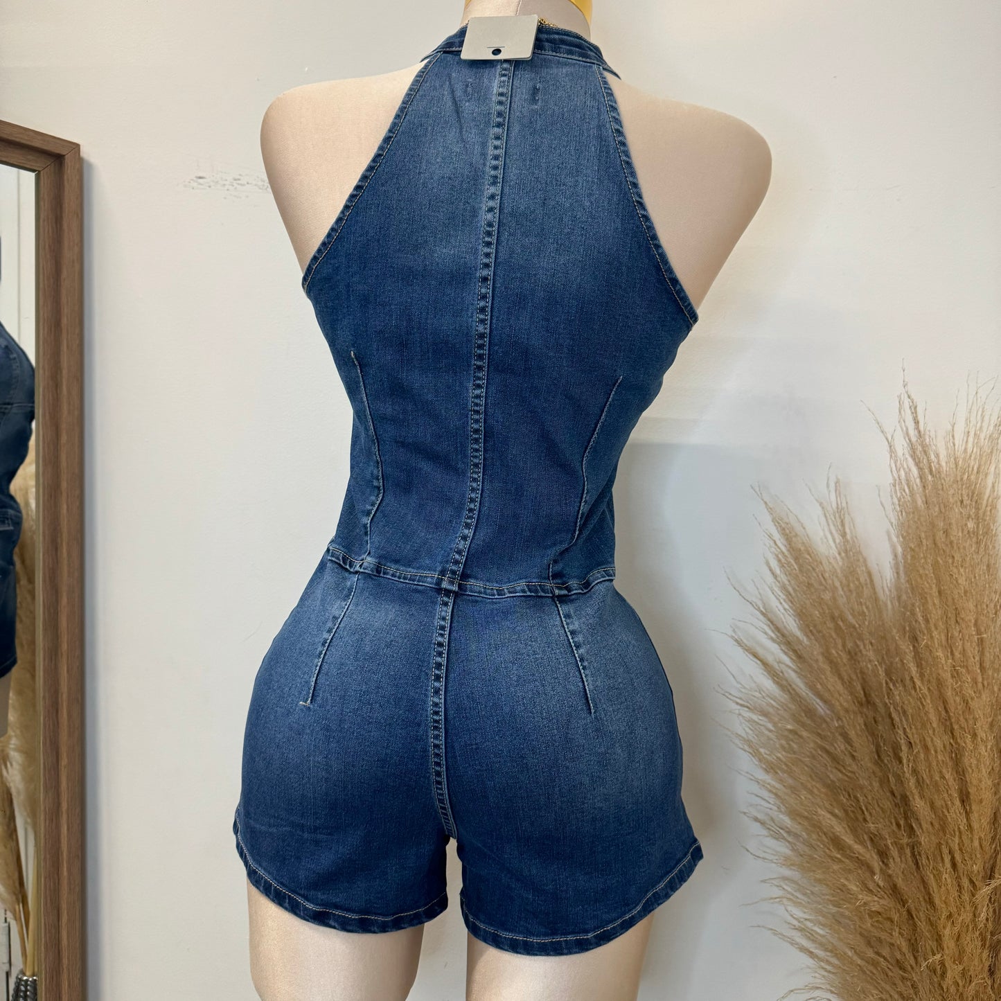 Denim Halter Romper-Dk Blue