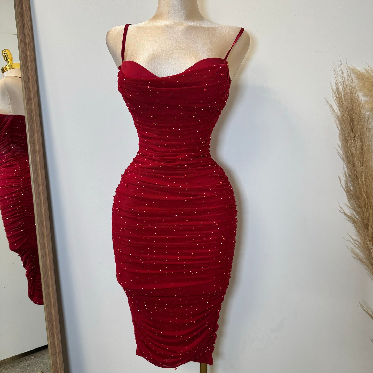 Capri Rhinestone Midi Dress-Red