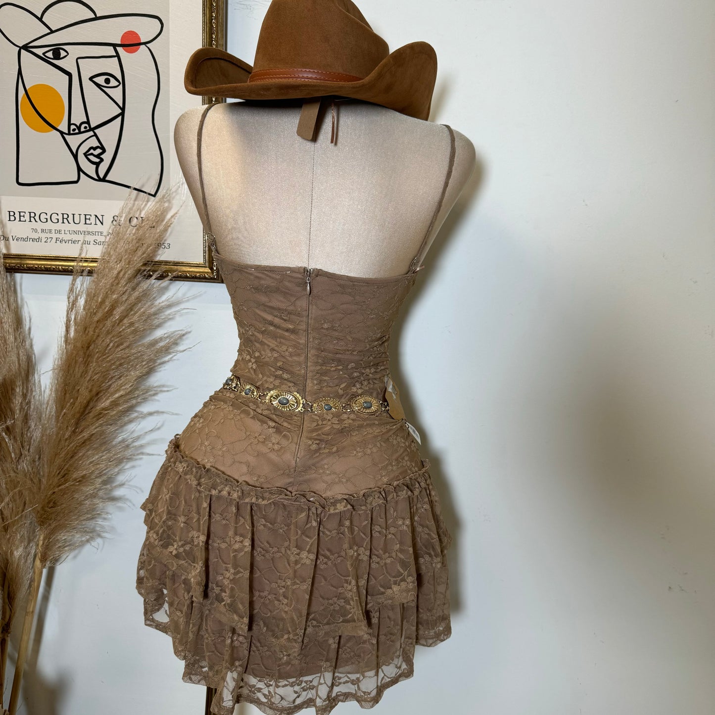 Lace Ruffle Mini Dress-Mocha