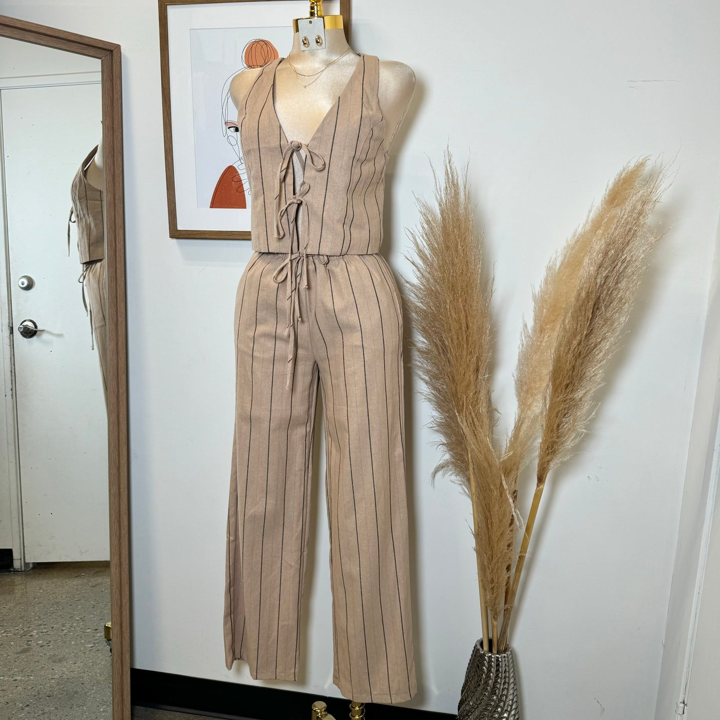 Knot Linen Pant Set-Beige with Black and Blue Stripes