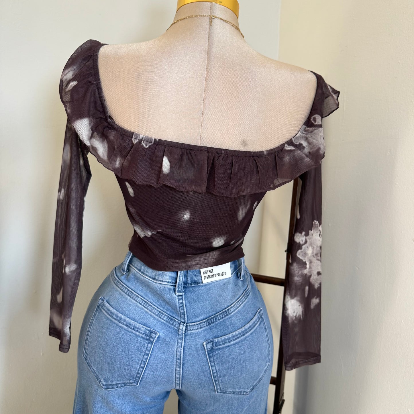 MESH PRINT RUFFLE OFF SHOULDER TWIST FRONT DETAIL LONG SLEEVE TOP