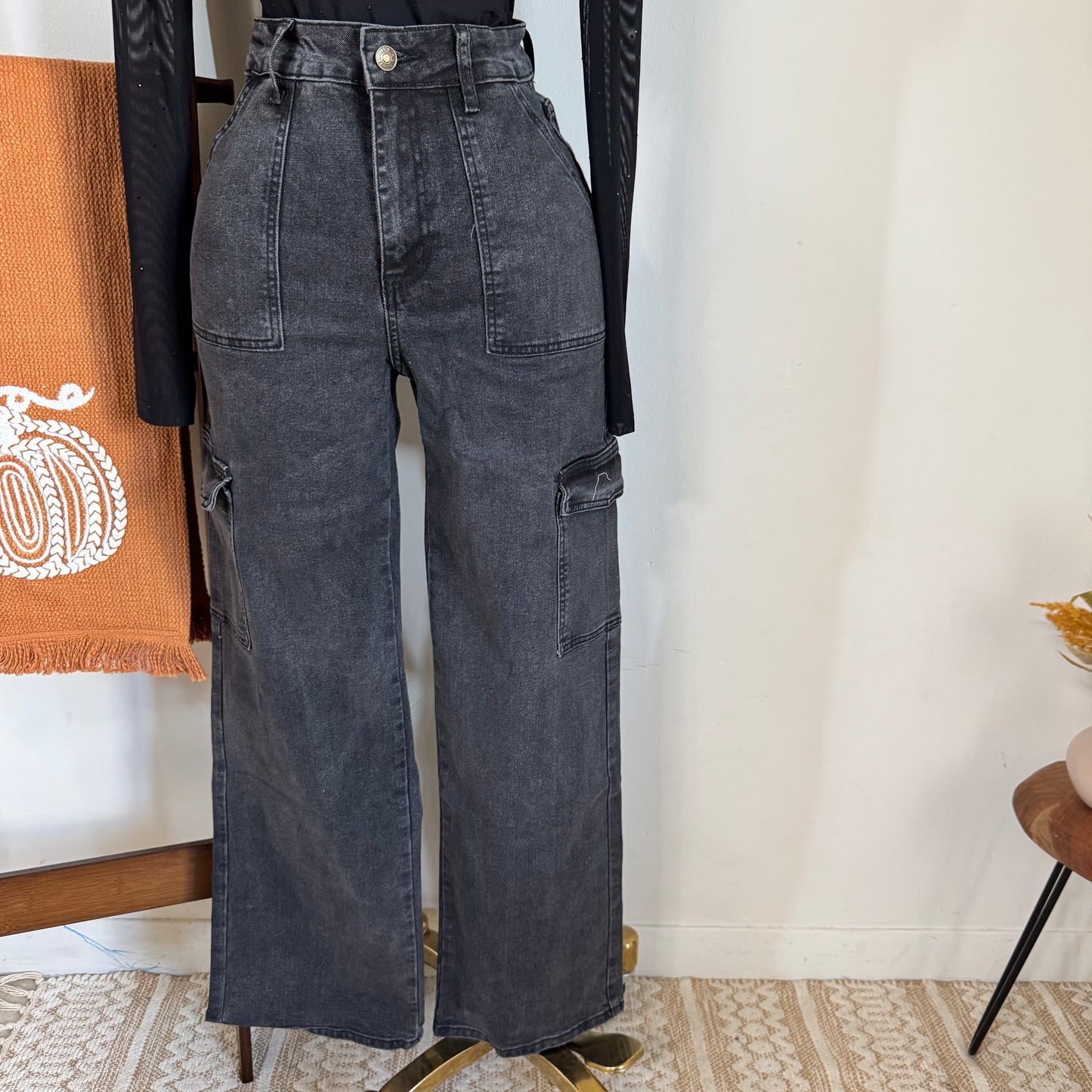 Wide Leg Cargo Jeans- DK Grey Cargo