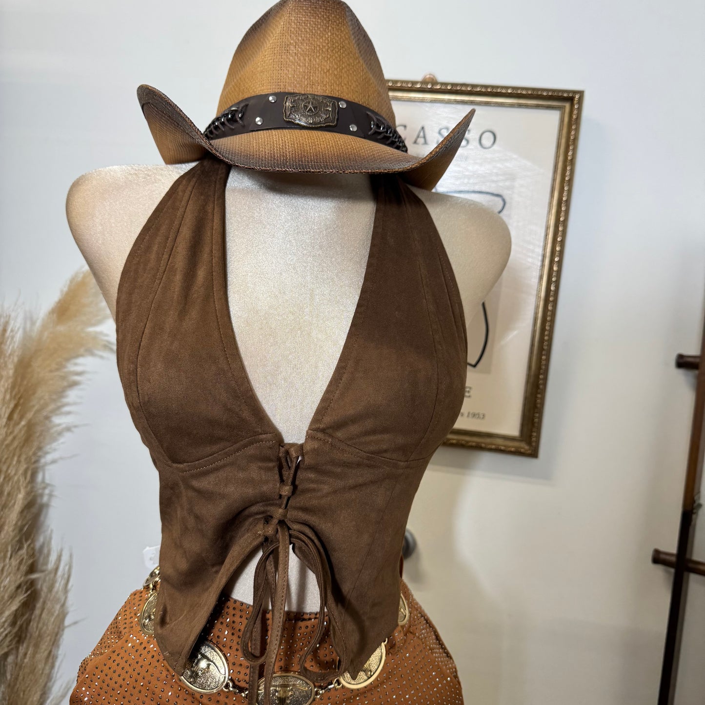 Madi Faux Suede Lace-Up Halter Top-Brown