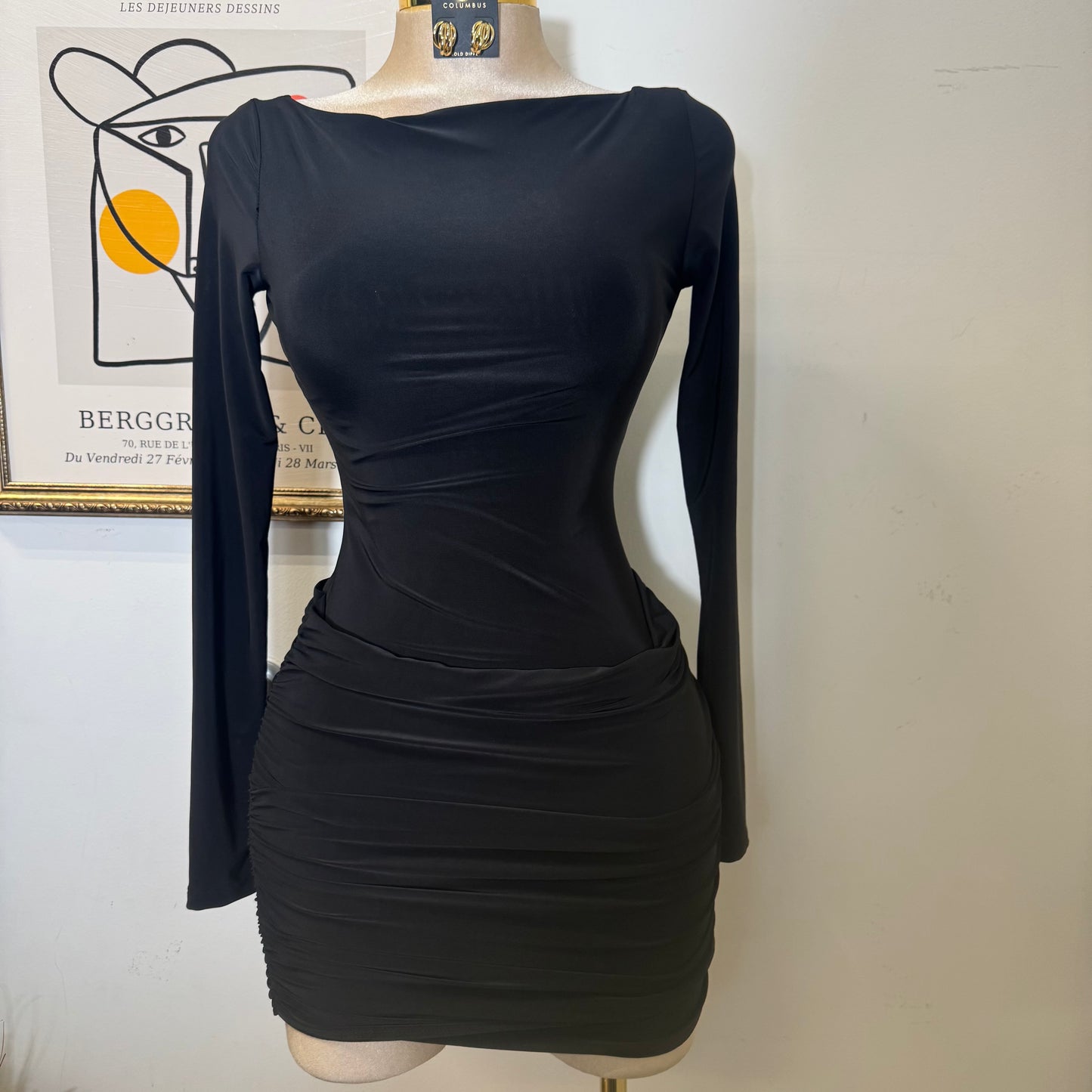 Long Sleeve Ruched Mini Dress-Black
