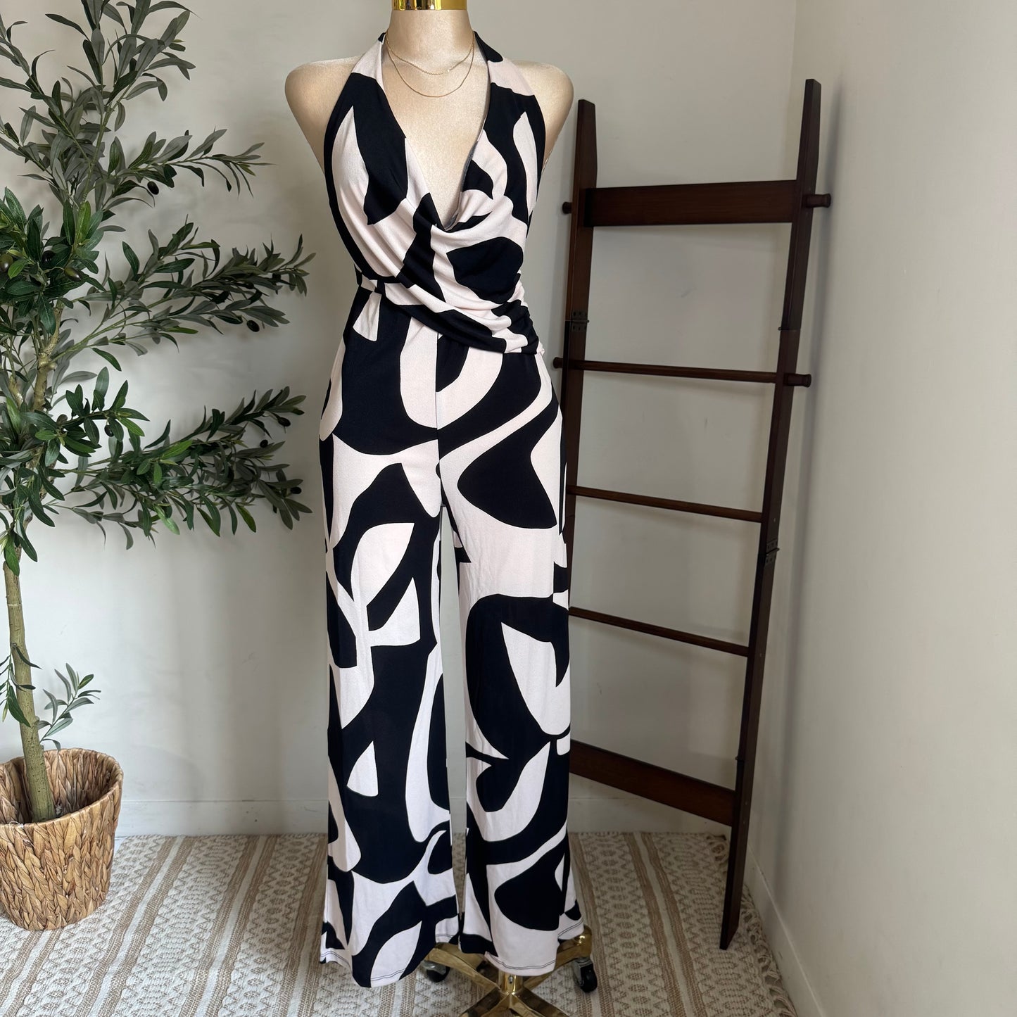Halter Jumpsuit-Black/White