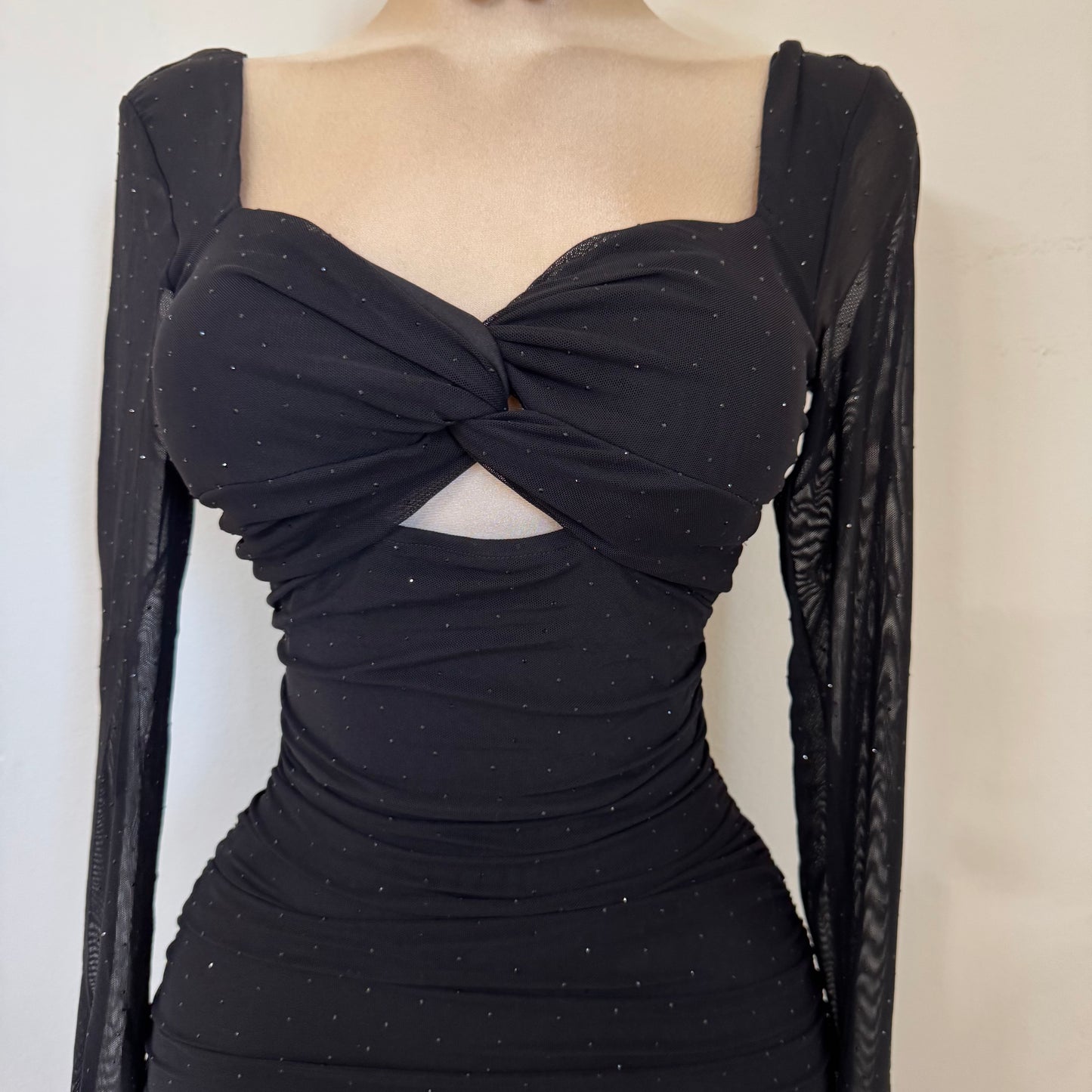 Sweet Heart Long Sleeve Rucing Rhinestone Midi Dress- Black