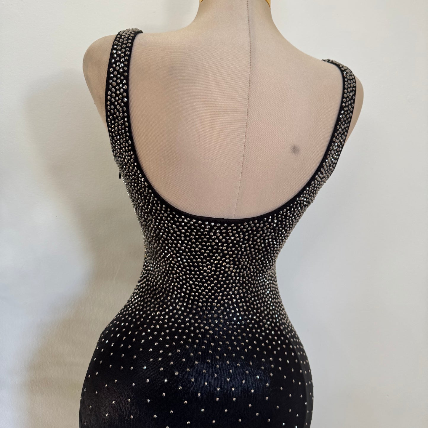 Rhinestone Midi Dress Square Neck Sleeveless-Black