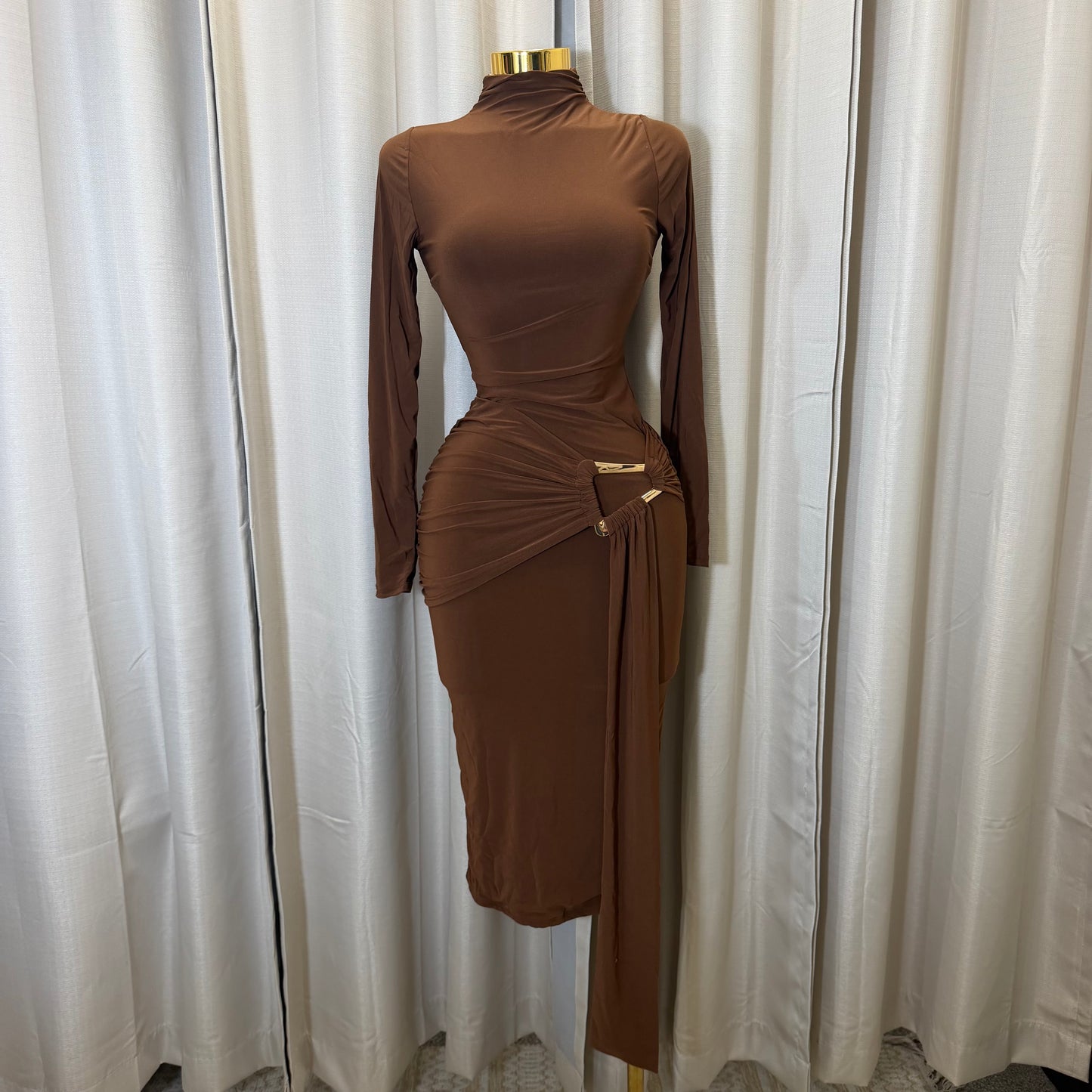 Long sleeve Solid Double Layer Front Sash Midi Dress-Brown