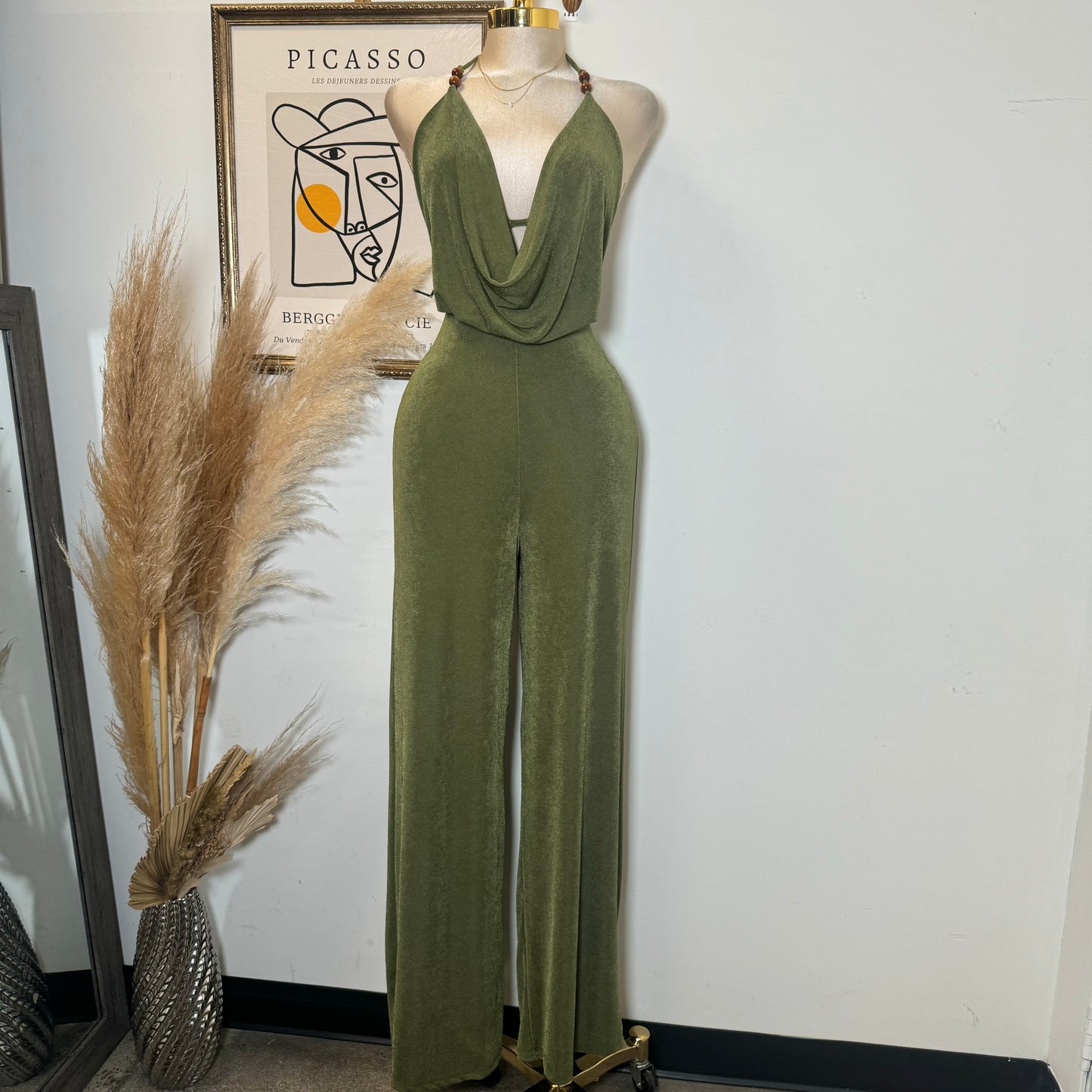 Bead Cowl Neck Halter Jumpsuit-Green