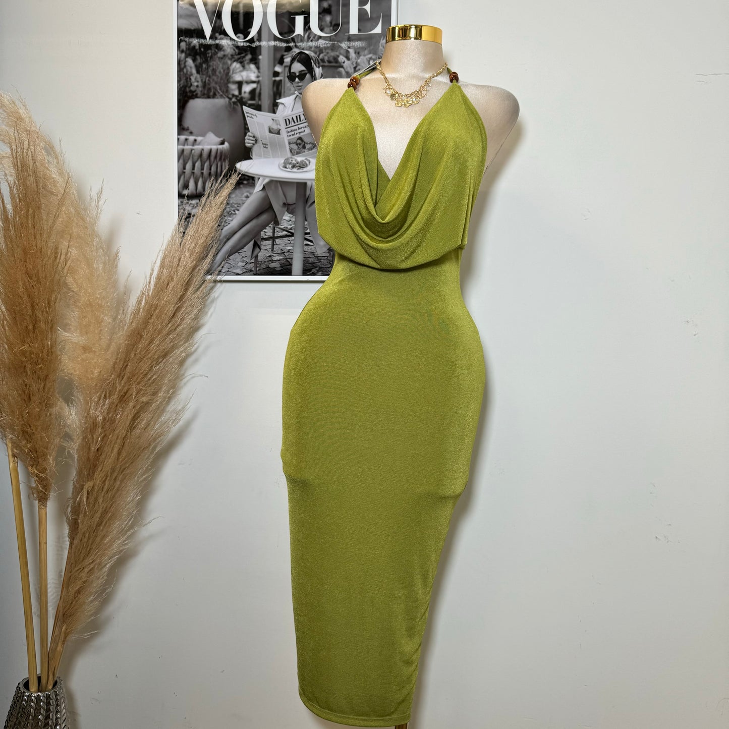 Bead Cowl Neck Halter Midi Dress-Green