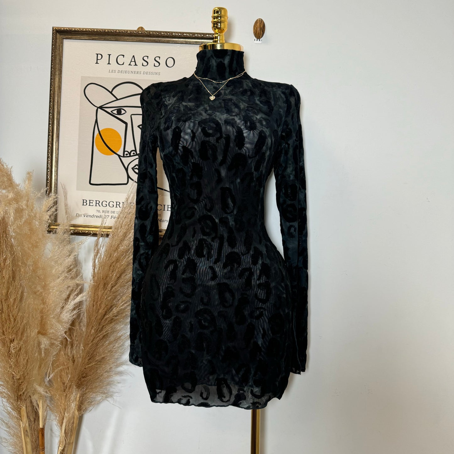 Cheetah Mesh Long Sleeve Dress-Multi Black