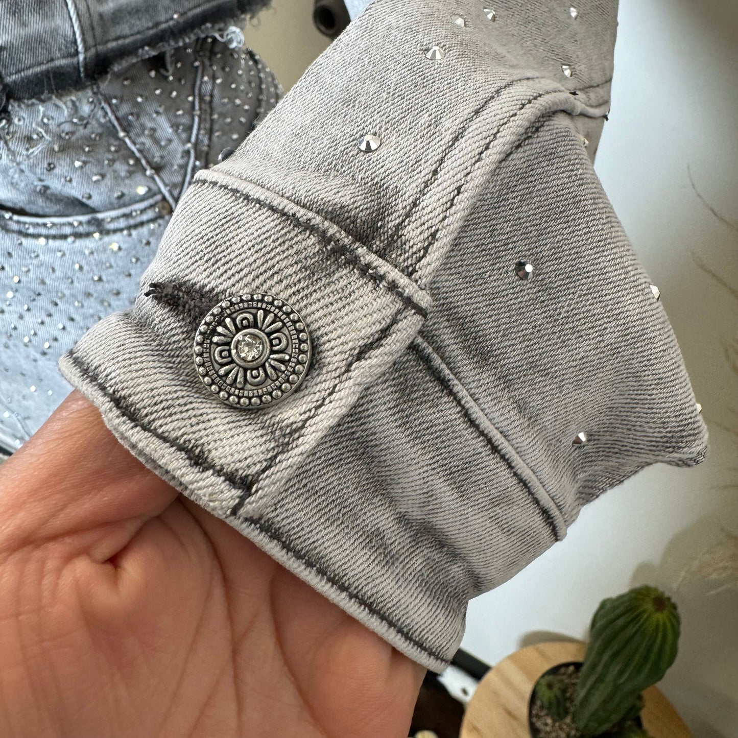 All Rhinestone Denim Jacket -Gray
