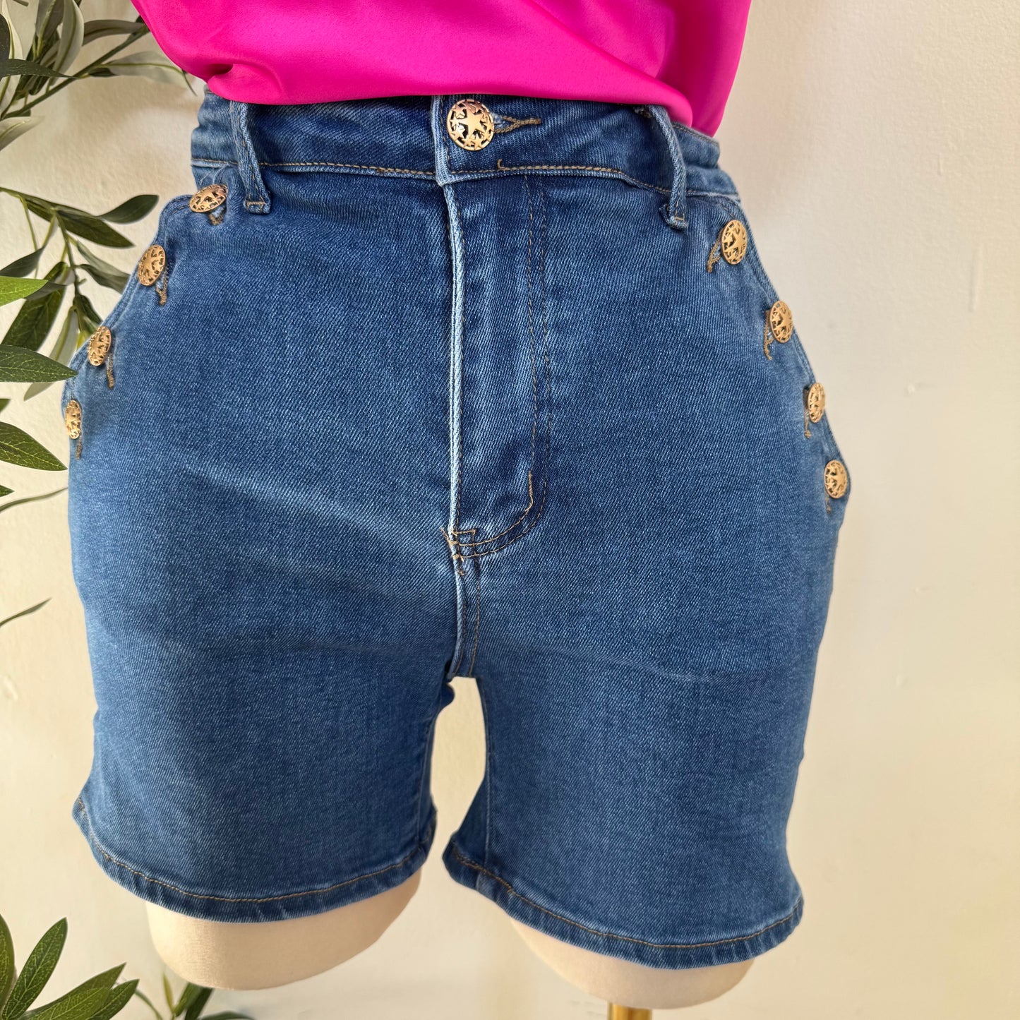 High Waisted Mom Shorts with Button on the side-Denim Blue