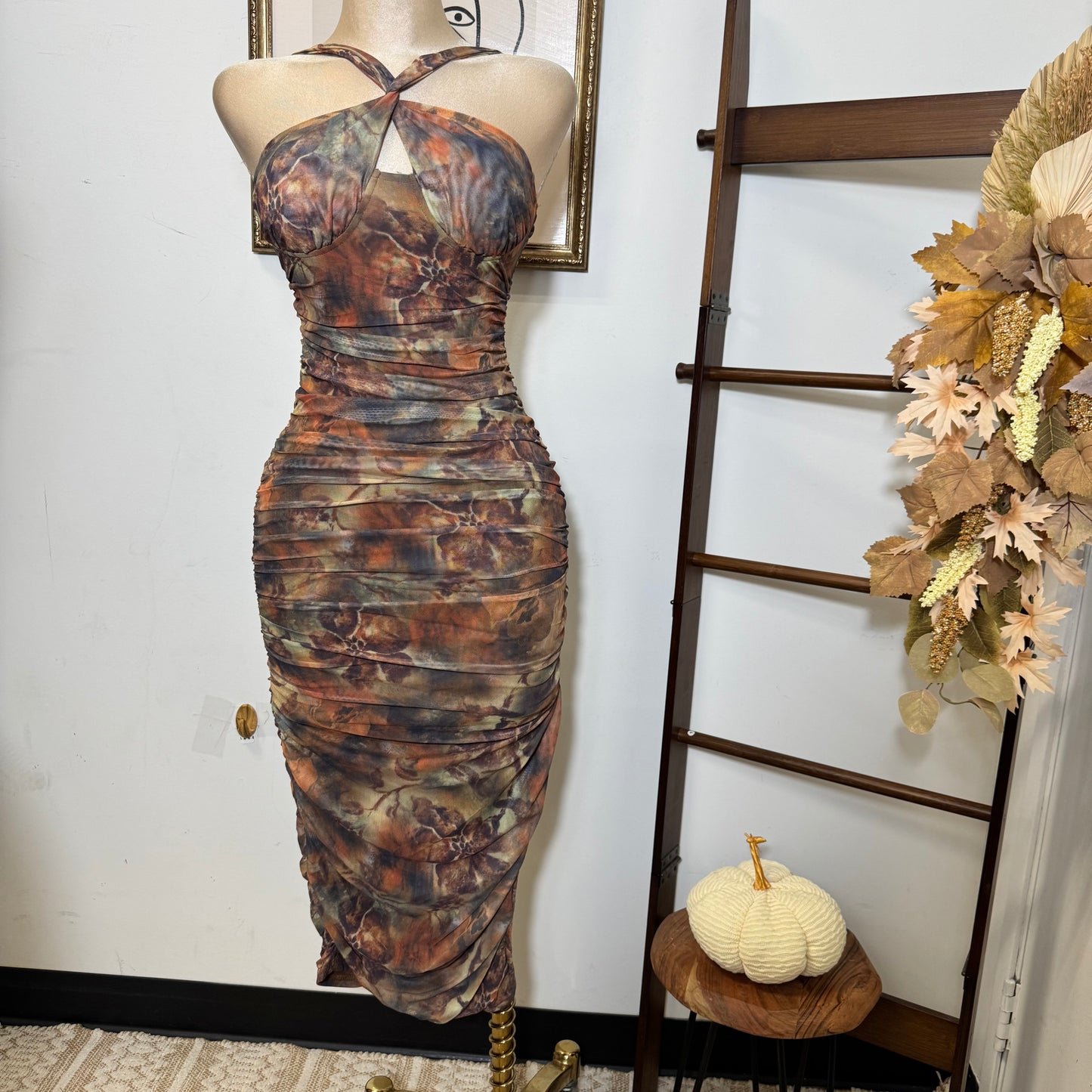 Inara Mesh Twist Halter Neck Midi Dress-Rust Multi
