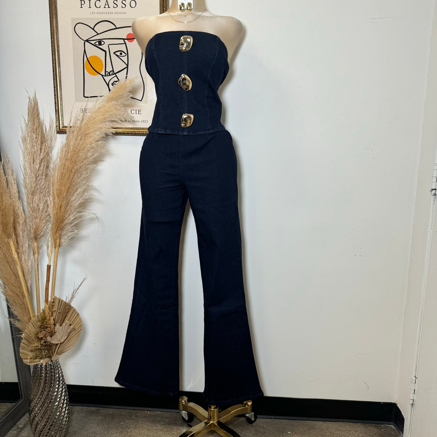 Strapless Denim Pant Set-DK Blue
