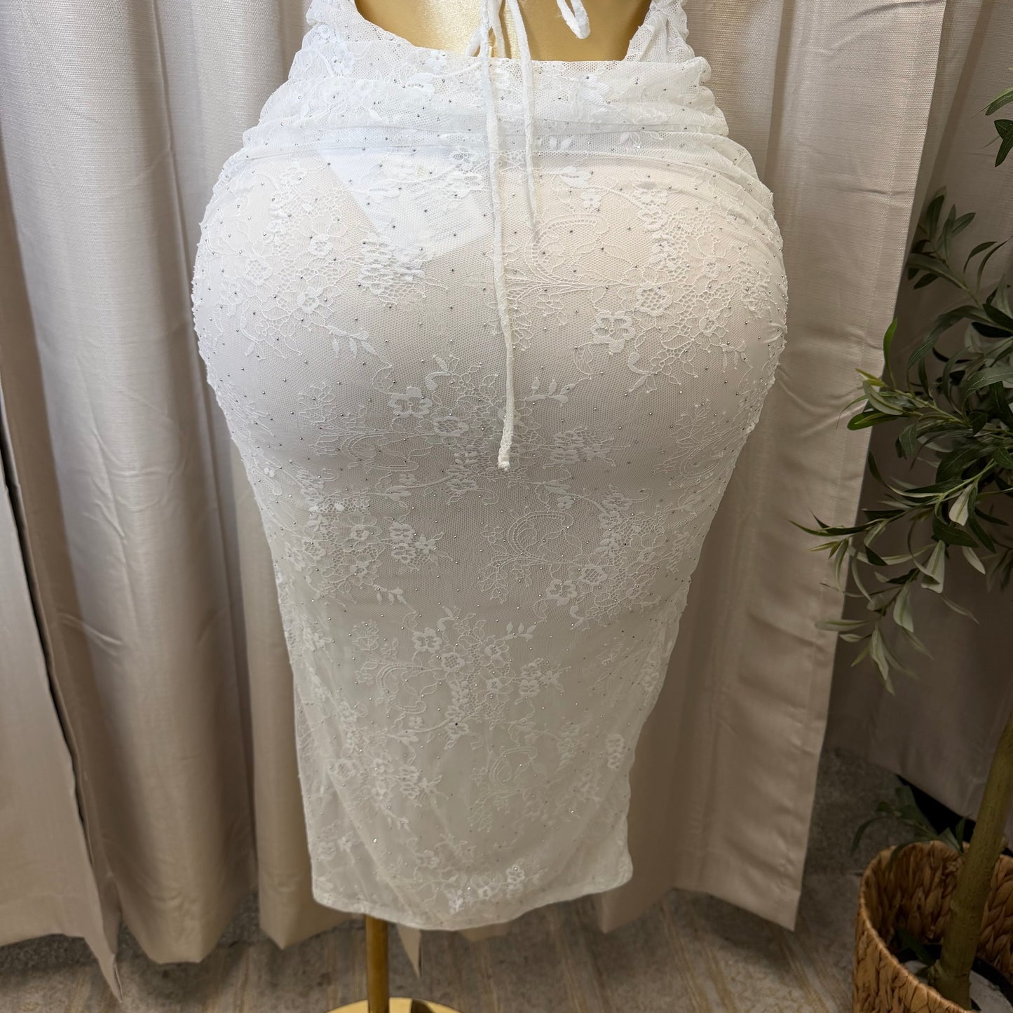 LACE RUCHED MIDI DRESS-White/Ivory