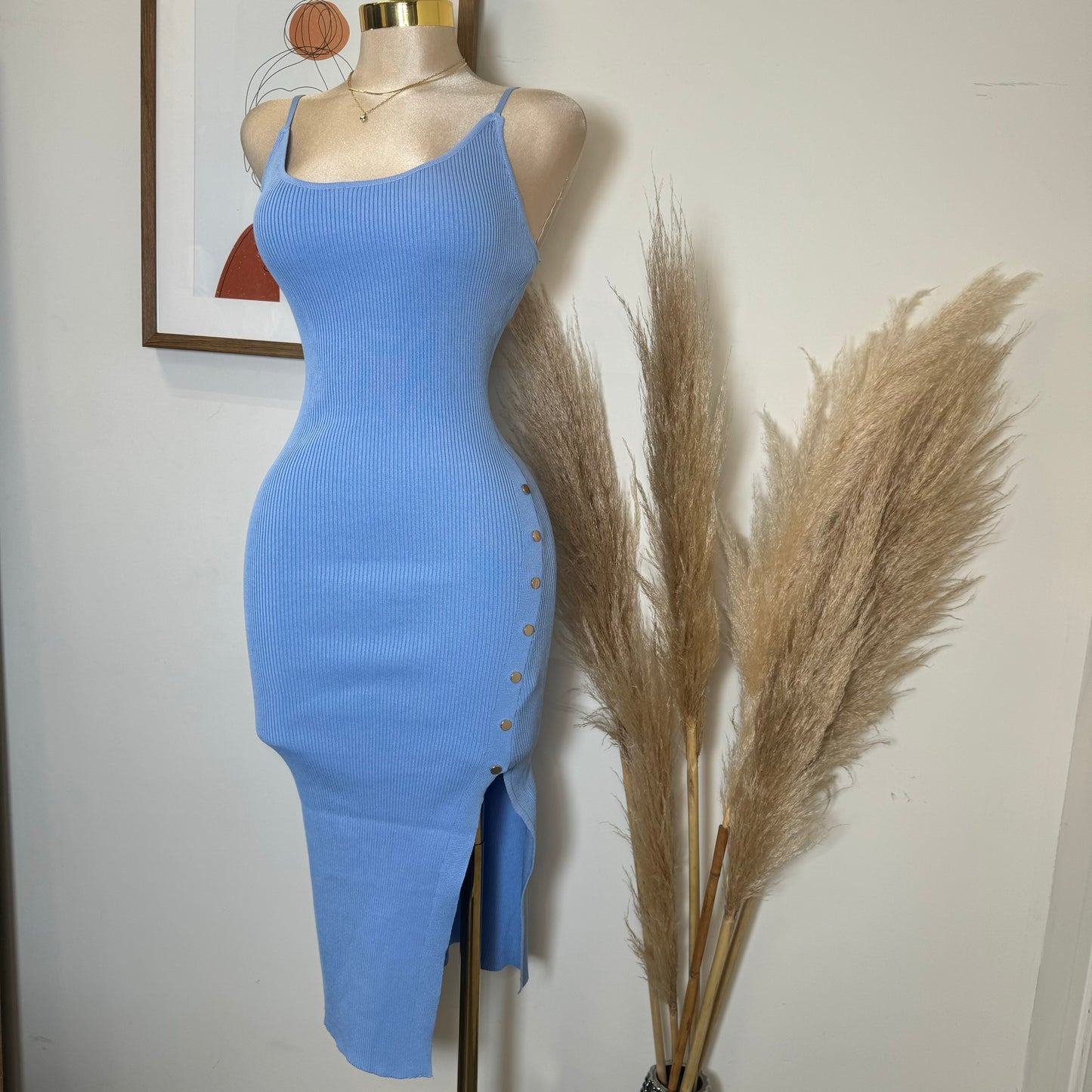 Cielito Open Slit Ribbed Midi Dress-Blue