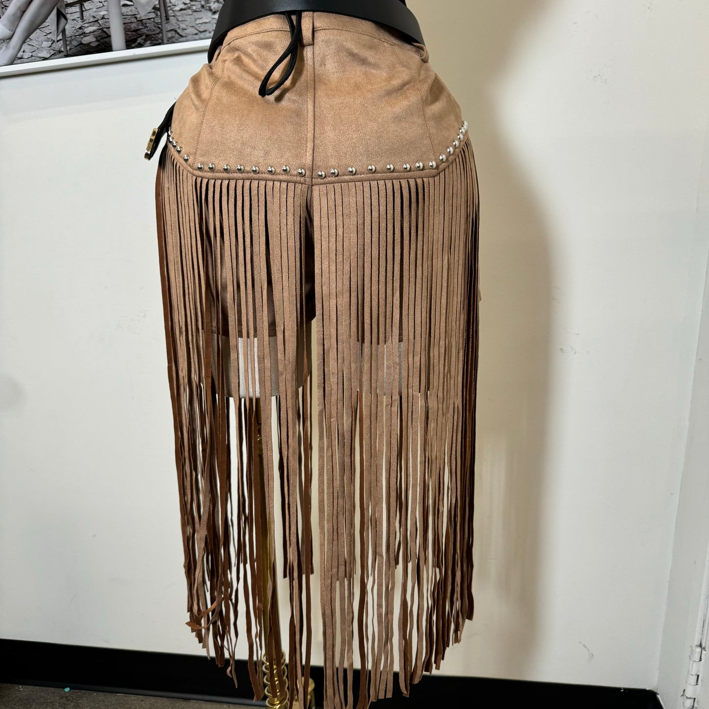 Fringe Stud Suede Shorts-Tan