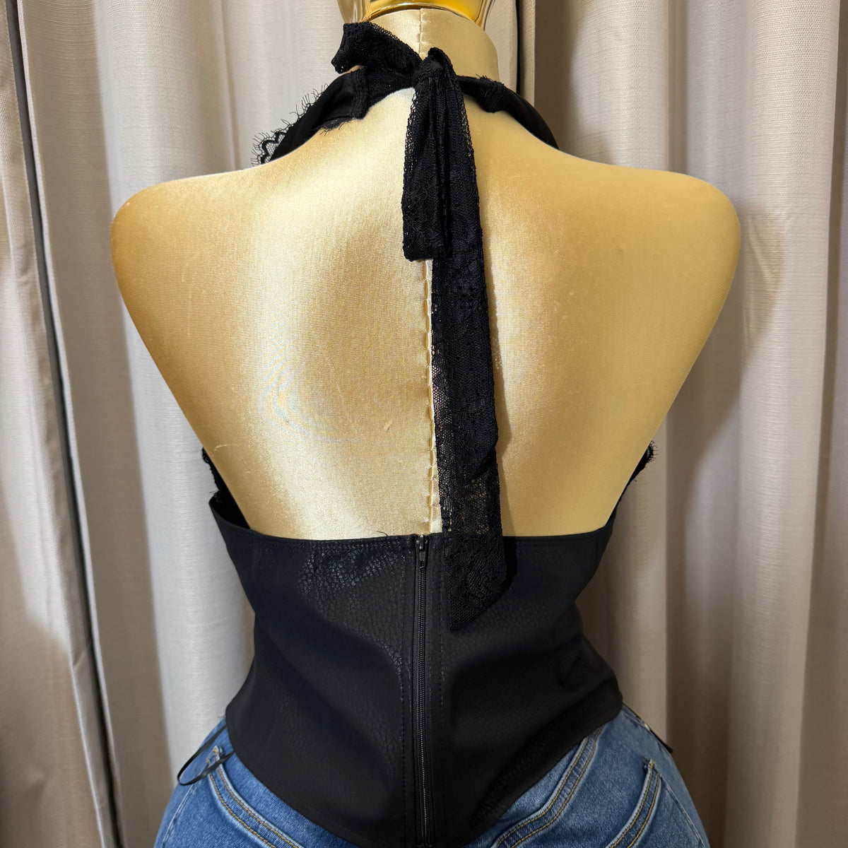 PL Leather Halter Corset Top-Black