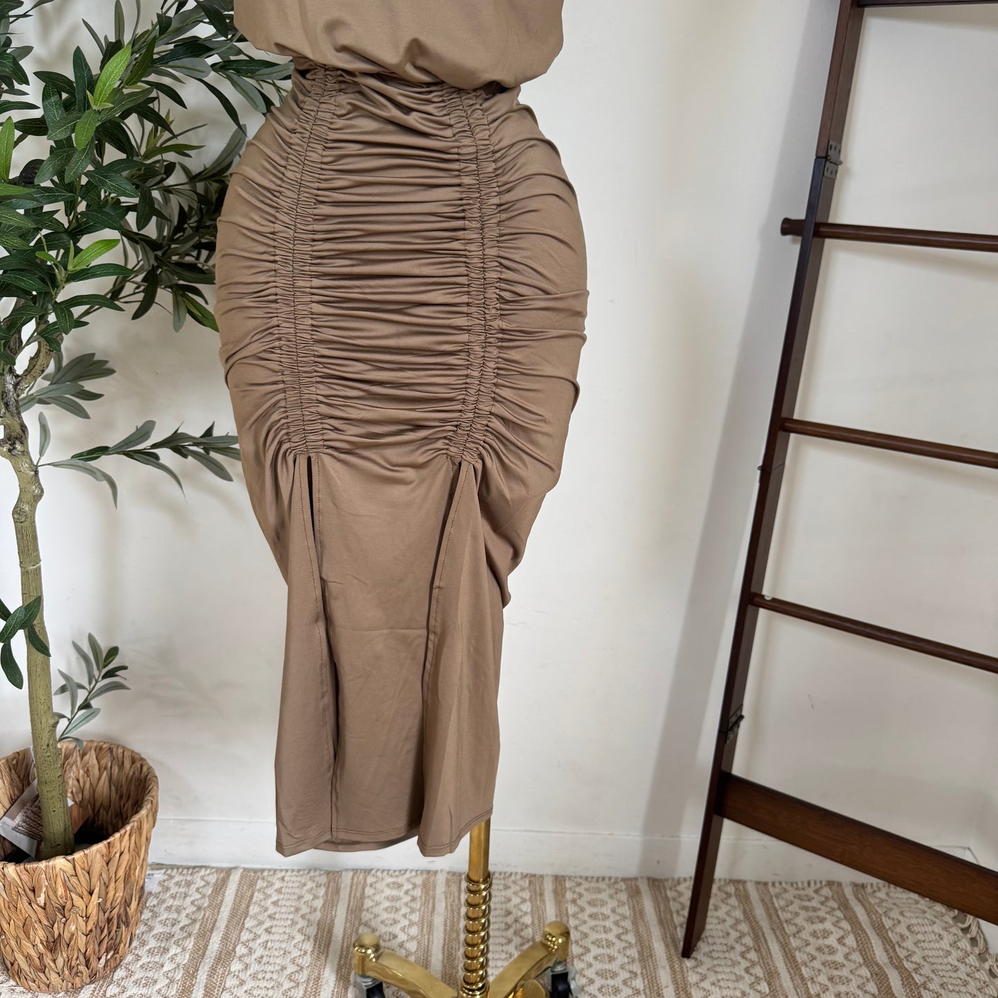 Ruched Elegance Draped Midi Dress-Mocha