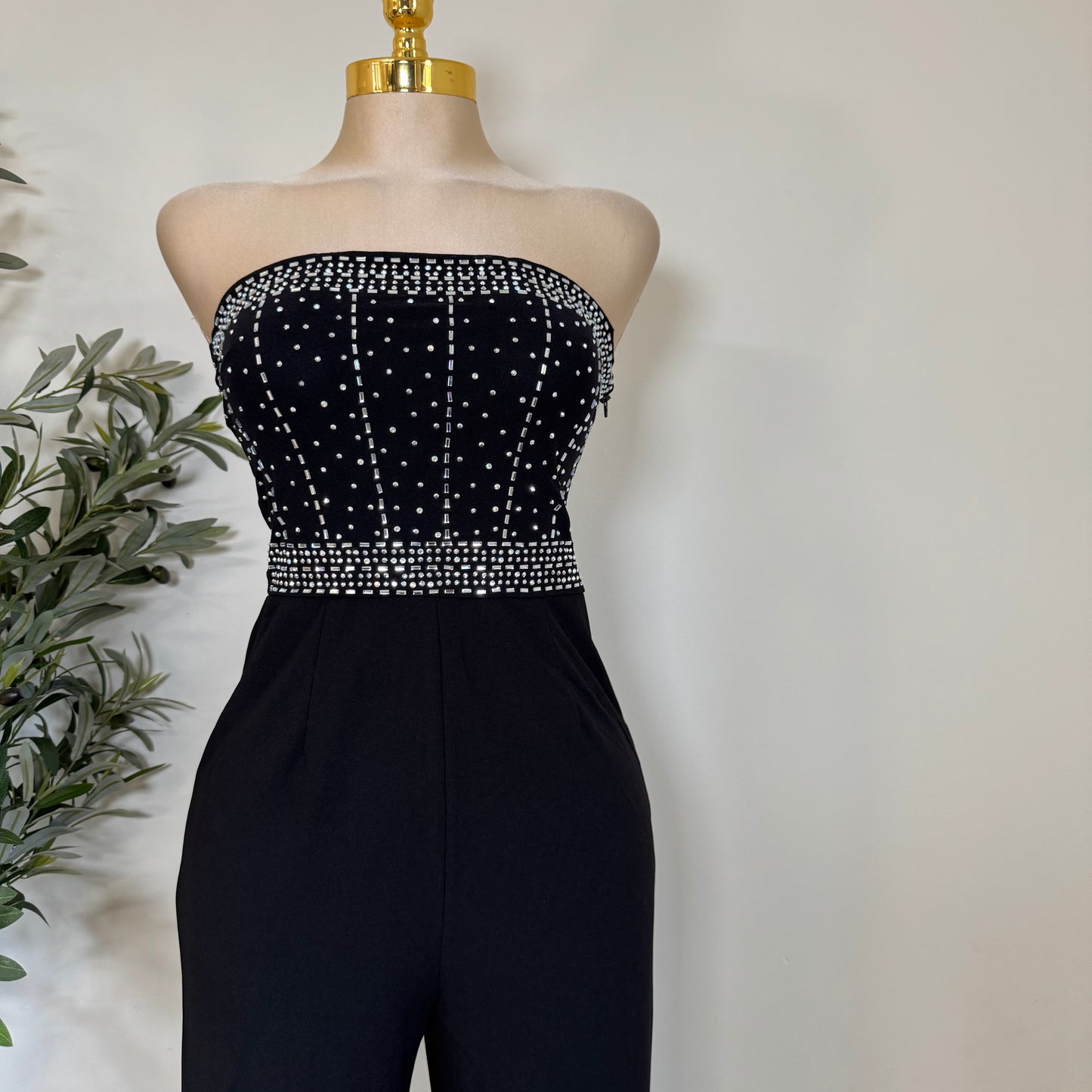 Rhinestone Strapless Jumpsuit-Black