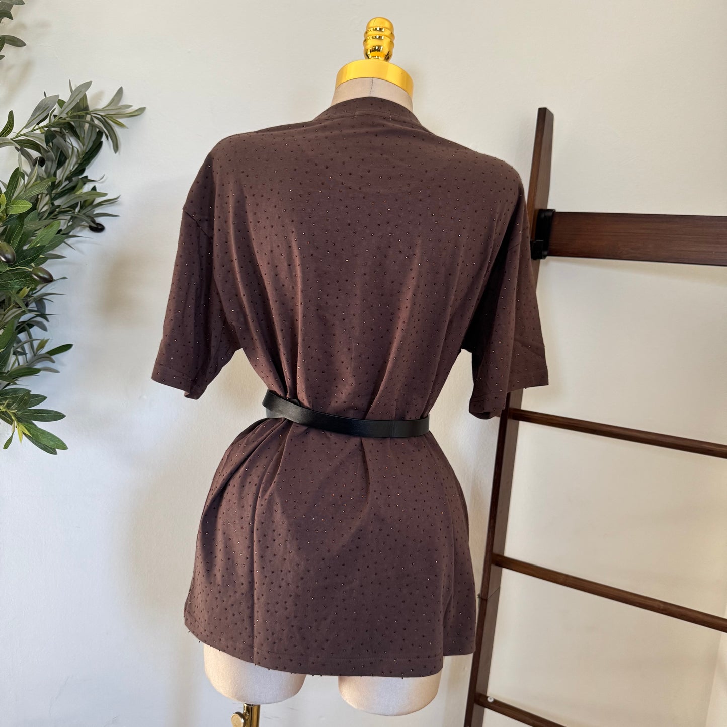 Rhinestone Oversized Top-Brown