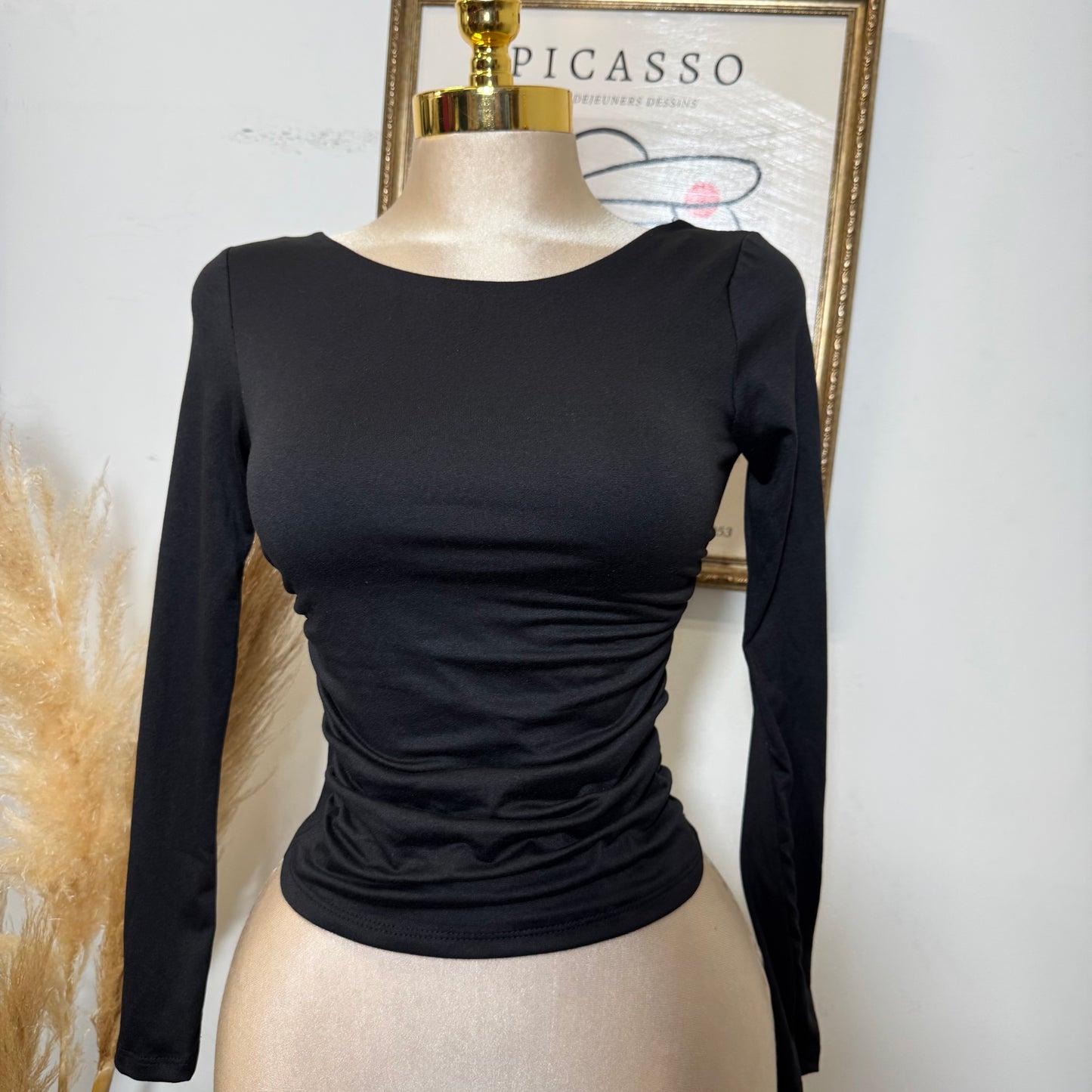 Ruched Long Sleeve Double Layered Top-Black