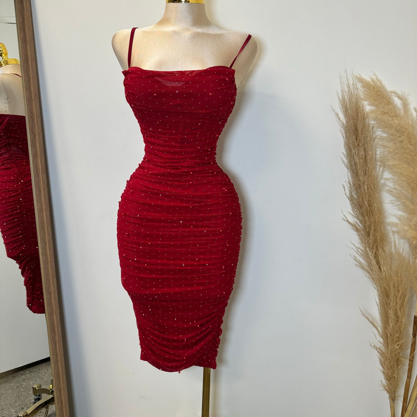 Capri Rhinestone Midi Dress-Red