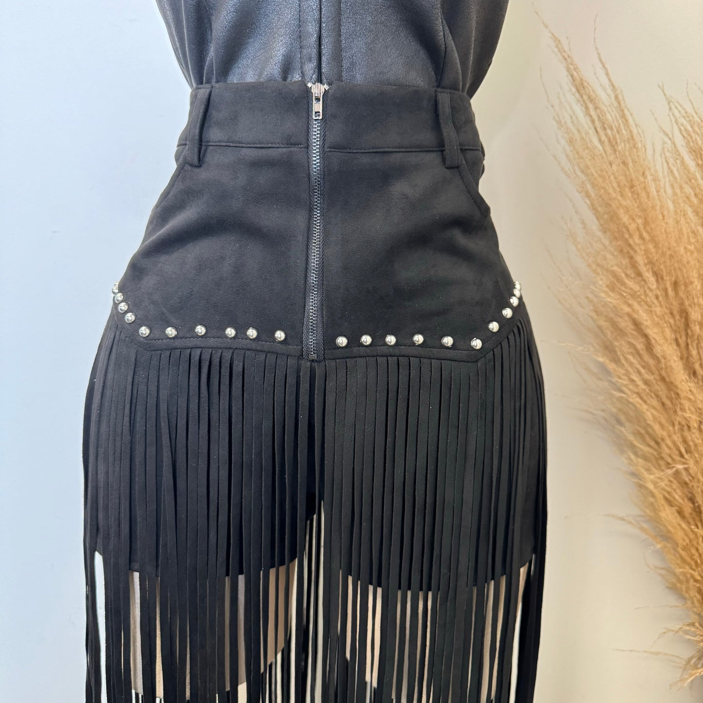 Fringe Stud Suede Shorts-Black