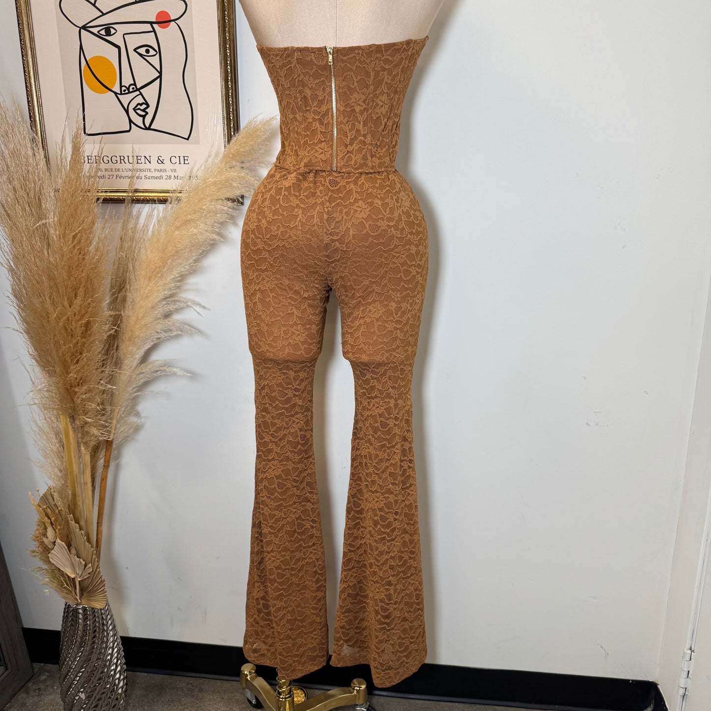 Lace Corset Flare Pant Set-Brown