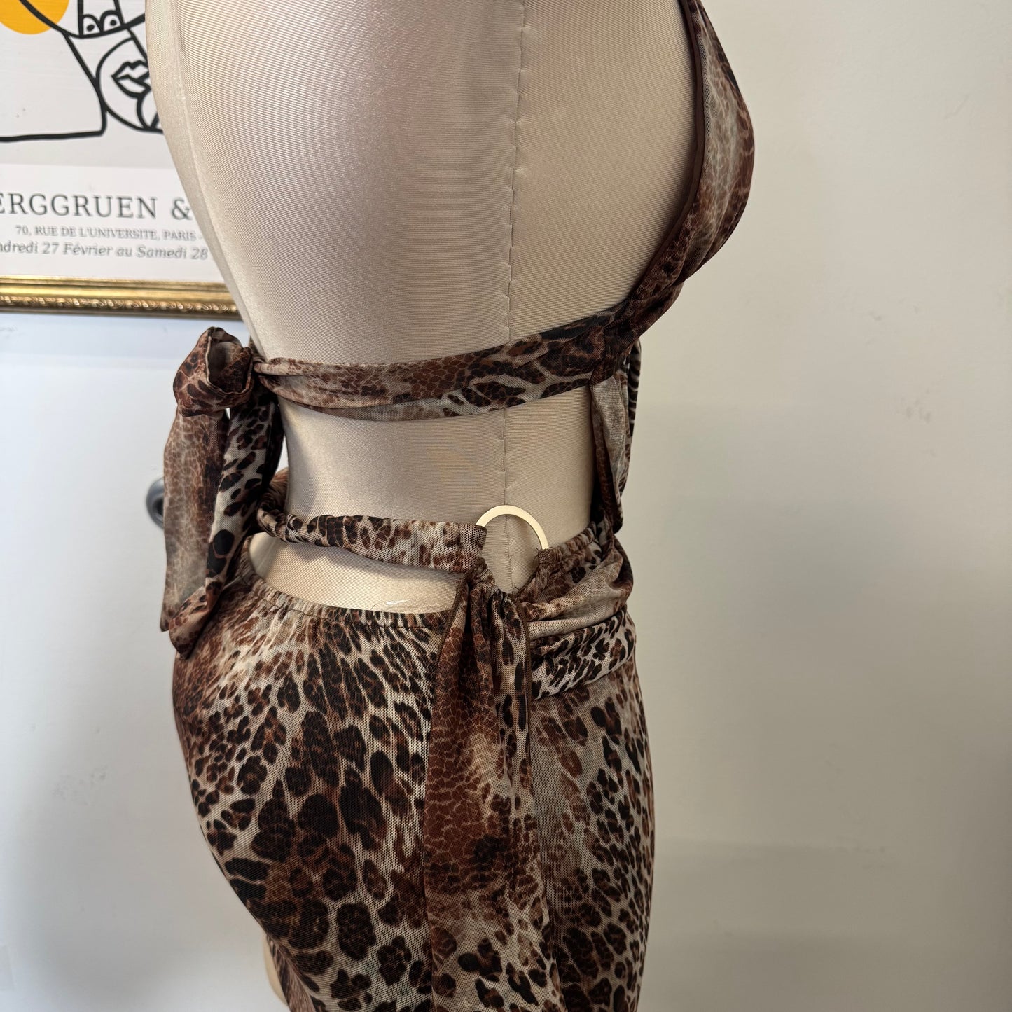 Sleeveless Halter Animal Print Mini Dress-Brown