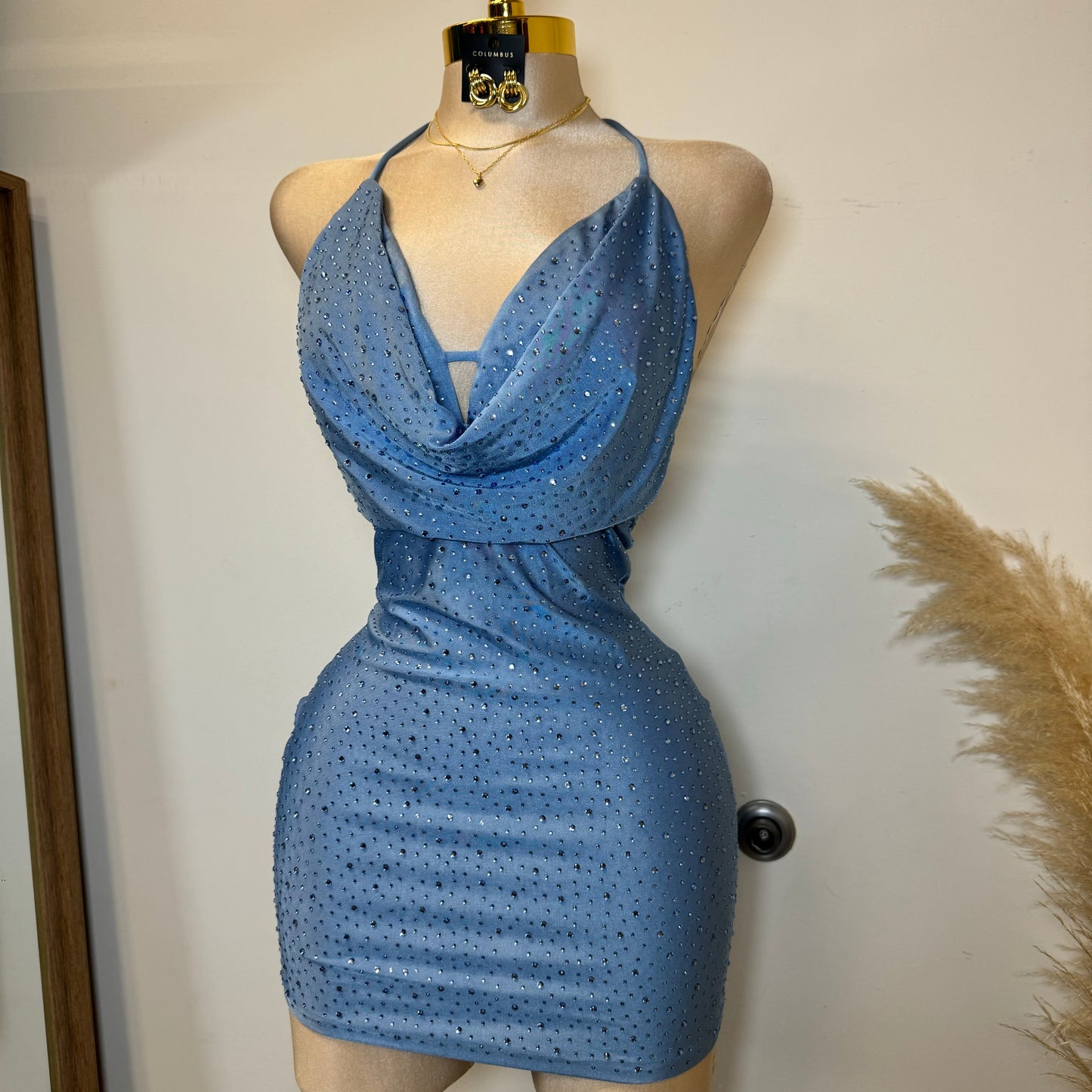 Cowl Rhinestone Dress-Baby Blue