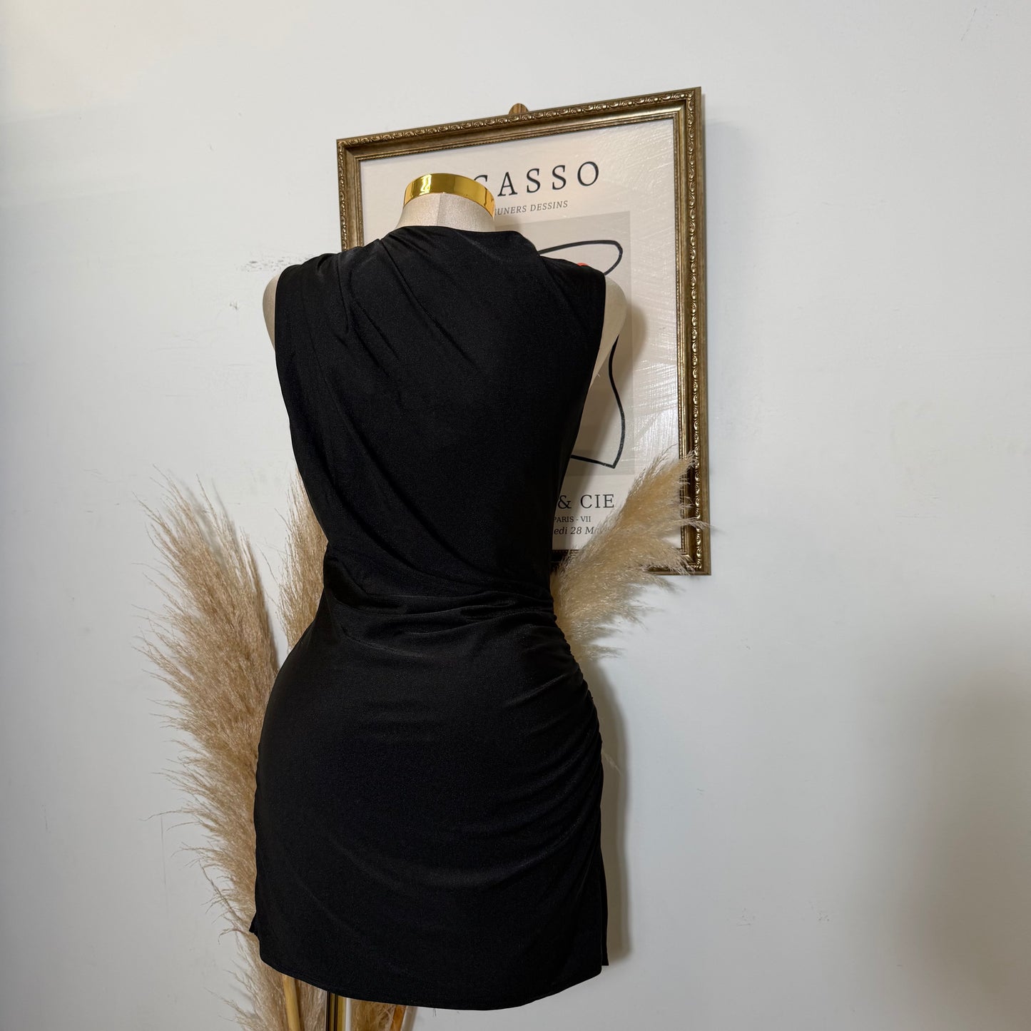 Draped Gold Toned Buckle Mini Dress-Black