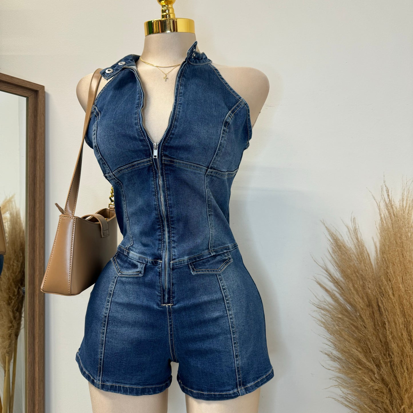 Denim Halter Romper-Dk Blue