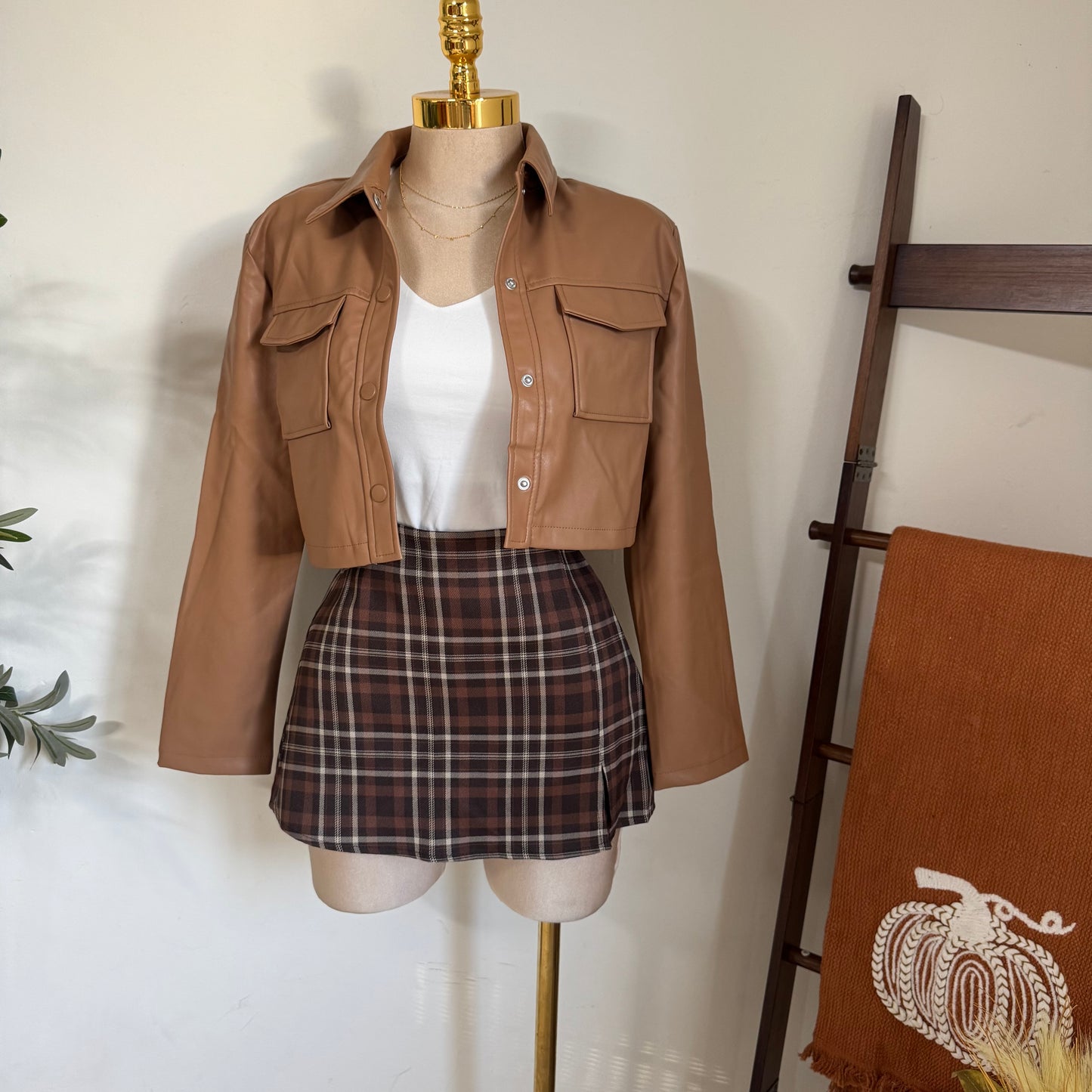 Pu Leather Cropped Jacket- Camel